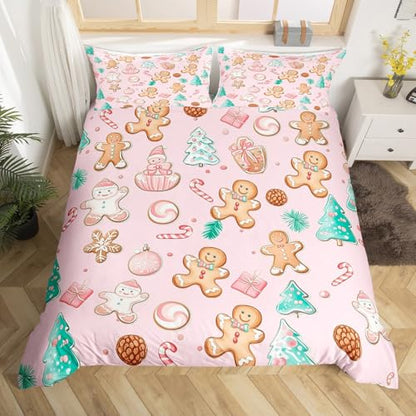 Pink King Size Duvet Cover Set with Gingerbread Man Pattern - No Comforter
