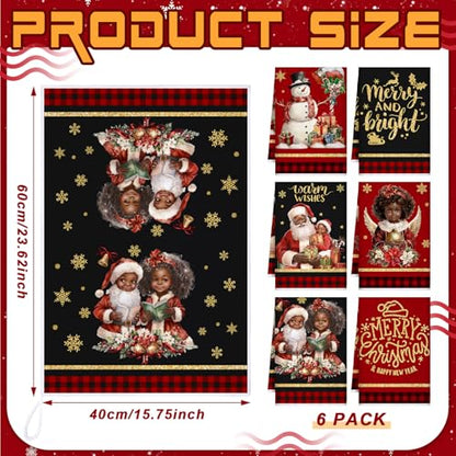 Christmas Kitchen Towels Set - Santa & Snowman, Black & Red, 6 Pieces