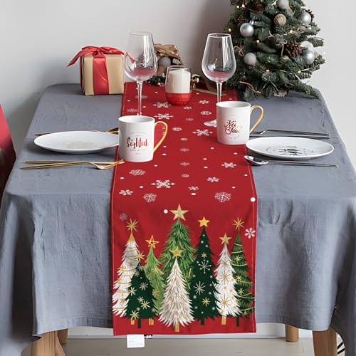 Christmas Trees Table Runner - Red Holiday Table Decor with Green & White Pattern - Variation of Christmas Trees