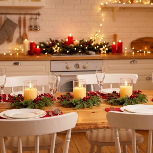 Christmas Candle Wreaths with Red Berries - Pack of 24, 3.7 Inch