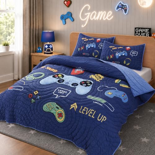 Kids Full/Queen Navy Blue Game Controller Quilt Set - 3 Piece Bedding