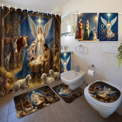 Christmas Nativity Shower Curtain Set with Rug Bathroom Accessories - Angel Design