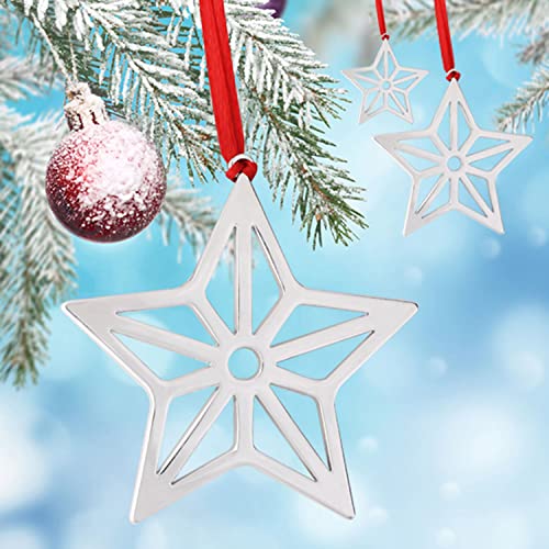Set of 6 Silver Star Christmas Ornaments with Red Ribbon - Holiday Tree Decor
