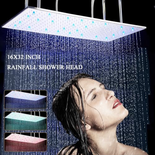 LED Rainfall Shower Head 16x32 Inch Large Rain Shower Head Chrome - High-Pressure, Self-Cleaning