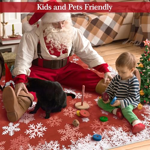 Christmas Snowflake Rug 2x3 Entryway Rug - Red Snow Pattern, Non-Slip Backing