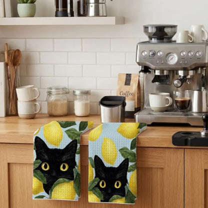 Black Cat Kitchen Towel Set - Decorative Lemon Pattern, 16x24 Inches