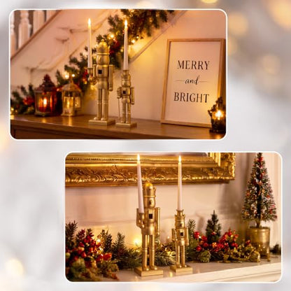 Christmas Nutcracker Candle Holders Set with LED Flameless Candles, Gold Finish