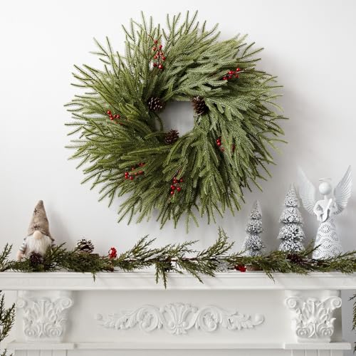 Large 24 Inch Artificial Christmas Wreath with Red Berries Pine Cones - Real Touch Front Door Decor