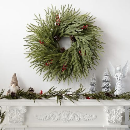 Large 24 Inch Artificial Christmas Wreath with Red Berries Pine Cones - Real Touch Front Door Decor