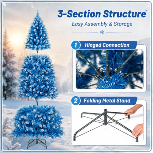 7Ft Snow Flocked Artificial Blue Christmas Tree Pre-Lit with 8 Lighting Styles