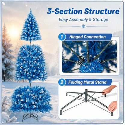 7Ft Snow Flocked Artificial Blue Christmas Tree Pre-Lit with 8 Lighting Styles