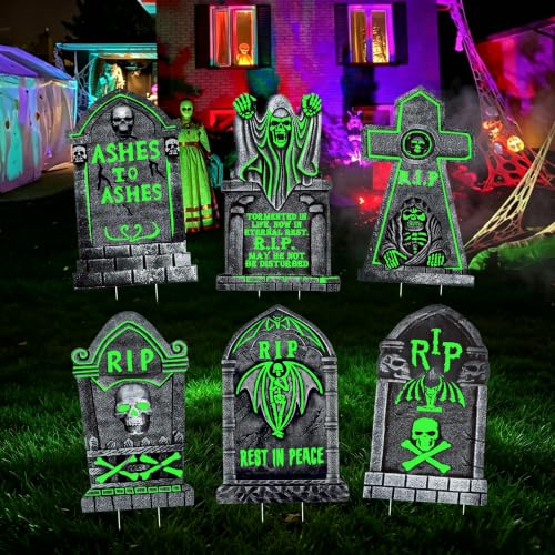 6 Pack Halloween Glow in The Dark Tombstones Decorations with Stakes - Large 16.5x10 Inch Outdoor Cemetery Props