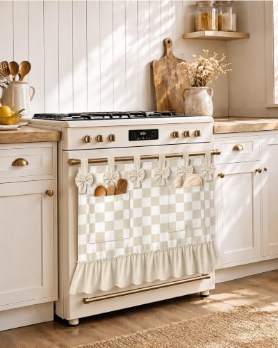 Oven Curtain with Pockets Beige Gingham Kitchen Decor - MuseHaus Variation