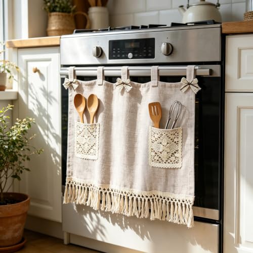 Boho Linen Oven Curtain with Crochet Storage Pocket - Beige, 30x24 Inches