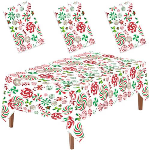 Christmas Candy Cane Plastic Tablecloth Set - 3 Pieces, 54x108 Inches