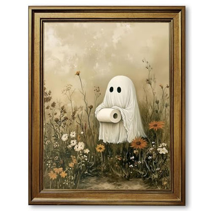 Halloween Ghost Bathroom Wall Art with Vintage Gold Frame - 8x10 Inch