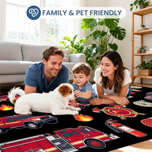 Fire Engine Theme Area Rug for Kids Playroom 4x5ft - Red Firefighter Rescue Carpet