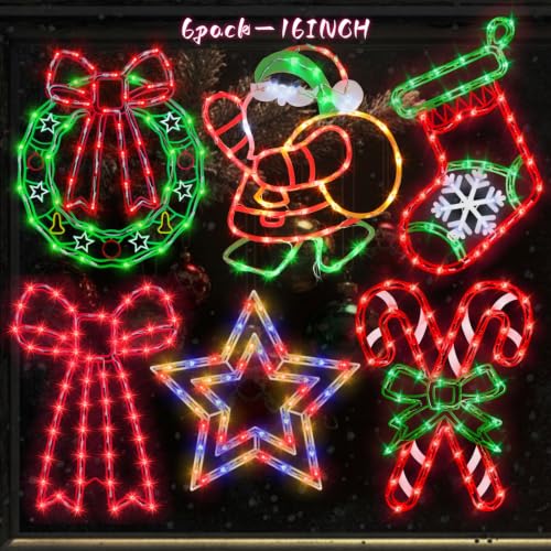 Christmas Window Silhouette Lights - 16 Inch LED Holiday Decorations with Variation Wreath & Bow & Star & Candy Cane & Santa & Stocking
