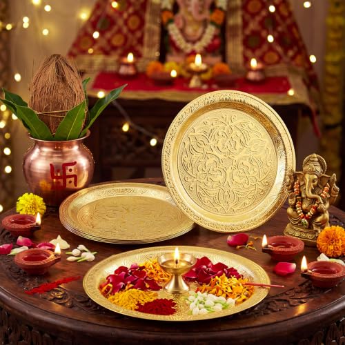 6 Pcs Gold Finish Indian Pooja Thali Tray Set for Religious & Festive Gift Giving