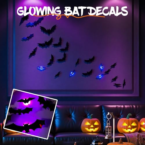 Halloween 3D Bat LED Light Wall Decor - Black 12 Pcs