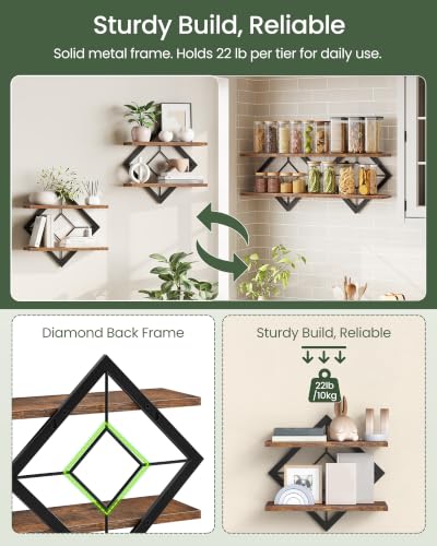 Diamond-Shaped Floating Wall Shelves Set of 2 - Rustic Brown & Black