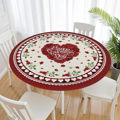 Heart Crimson Round Fitted Tablecloth with Elastic Edge - 44 Inch