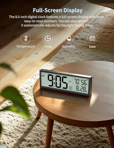 Digital Alarm Clock Battery Operated 8.5-Inch Wireless Wall Clock - Black