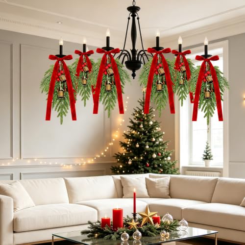 Christmas Teardrop Swag Set with Bows - 6 Mini Norfolk Pine & Cedar Decor with Bells - Red/6 Variation