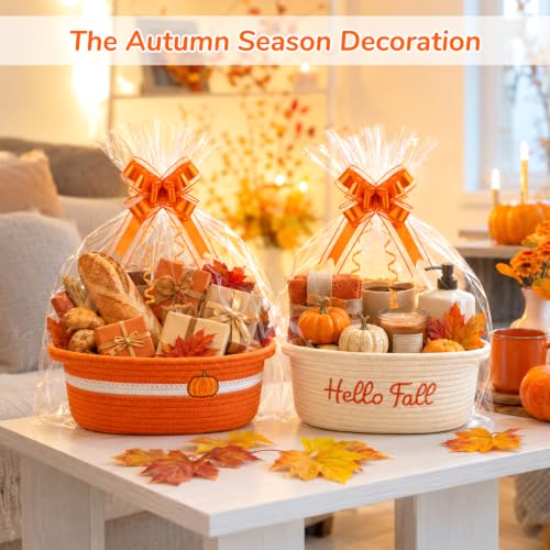 Hello Fall Woven Cotton Rope Gift Basket with Embroidered Hello Fall and Decorative Bow