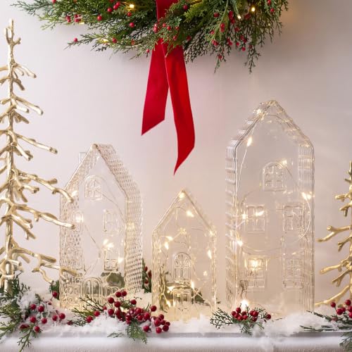 Christmas Glass Village Decoration Set with LED Lights - 3 Pieces