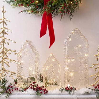 Christmas Glass Village Decoration Set with LED Lights - 3 Pieces