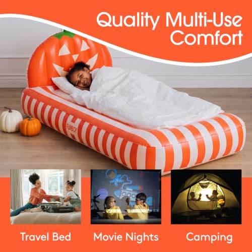 FUNBOY Kids Pumpkin Halloween Inflatable Air Mattress - Supportive & Cozy Sleepover Bed - Orange & White Variation