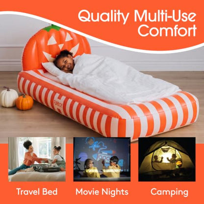 FUNBOY Kids Pumpkin Halloween Inflatable Air Mattress - Supportive & Cozy Sleepover Bed - Orange & White Variation