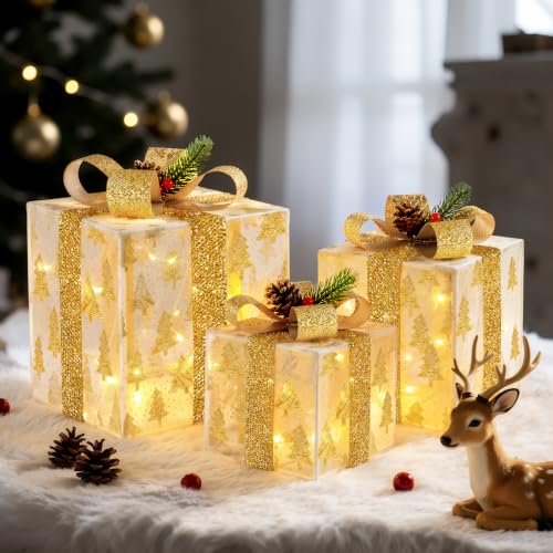 Lewondr Golden Christmas Lighted Gift Boxes Set - Glitter Xmas Tree Pattern, USB Powered with Remote Control
