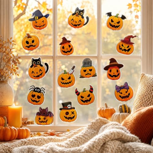 Halloween Gel Window Clings Assorted Evil Pumpkin Decorations - 32 Pieces