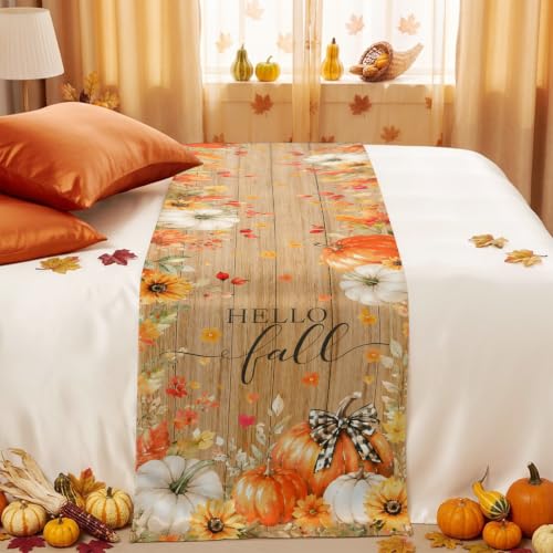 Queen Size Bed Runner with Fall Pumpkin Design - Orange & Brown, 83 x 20 Inches