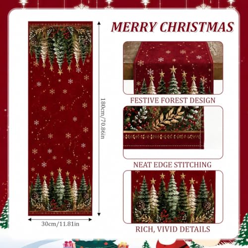 Christmas Table Runner Burgundy Red Tree Design for Holiday Dining