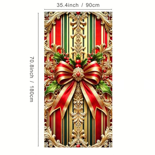 Christmas Door Cover Bow Red Gold 35x70 Inch Polyester Seasonal Decor