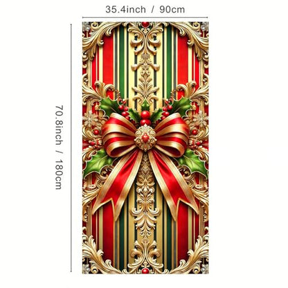 Christmas Door Cover Bow Red Gold 35x70 Inch Polyester Seasonal Decor