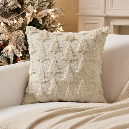 ANRODUO Christmas Tree Decorative Pillow Covers 20x20 Plush Beige Pack of 2 - Festive Holiday Decor