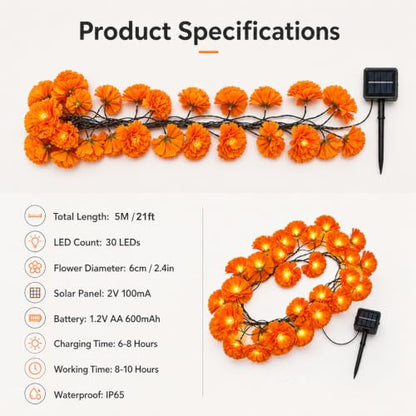 21Ft Solar Marigold Garland with 30 LED Flowers - Outdoor Halloween & Día de los Muertos Decor - Variation of THIS Listing