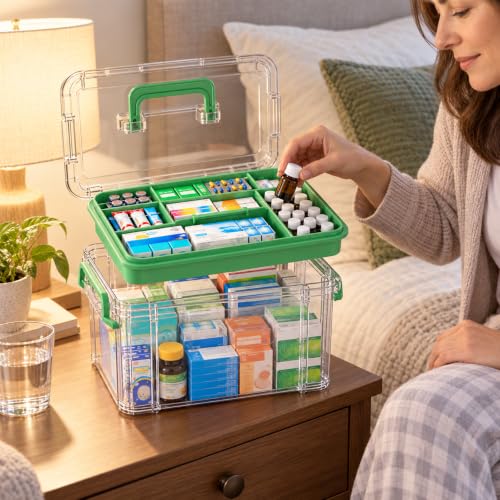 15QT Clear Plastic Medicine Organizer with Handle & Tray for First Aid, Medications, and Storage