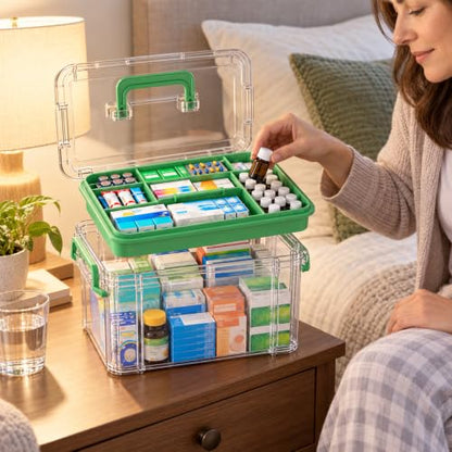 15QT Clear Plastic Medicine Organizer with Handle & Tray for First Aid, Medications, and Storage