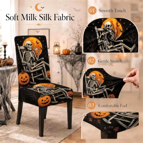 Set of 4 Halloween Skeleton Chair Covers - Stretch Milk Silk Fabric, Fall Decor