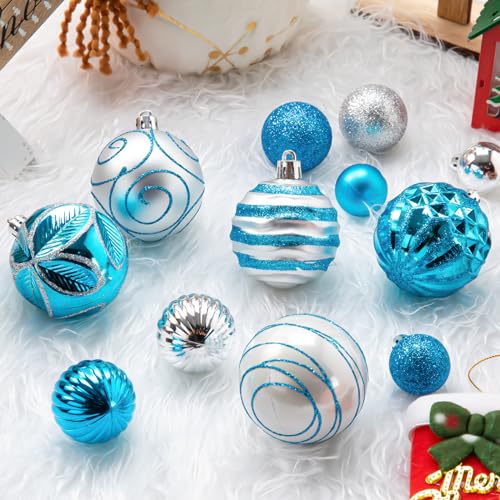 Blue & Silver Christmas Ball Ornaments Set - Shatterproof Plastic Holiday Decorations