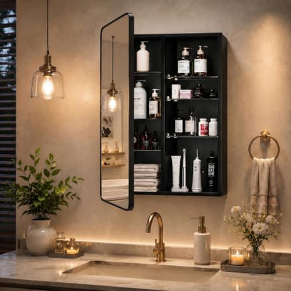 Black Medicine Cabinet with Mirror 20x30 in Recessed or Surface Mount - Black