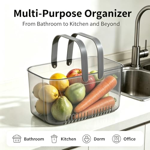 Gray Shower Caddy with Handle & Drain Holes for Bathroom Dorm Gym