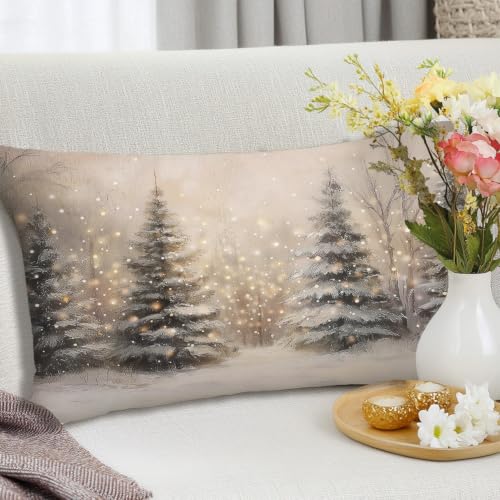 Christmas Tree Winter Scene Pillow Cover 20x12 Rustic Holiday Decor Snowy Forest Lumbar