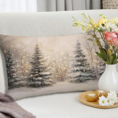 Christmas Tree Winter Scene Pillow Cover 20x12 Rustic Holiday Decor Snowy Forest Lumbar