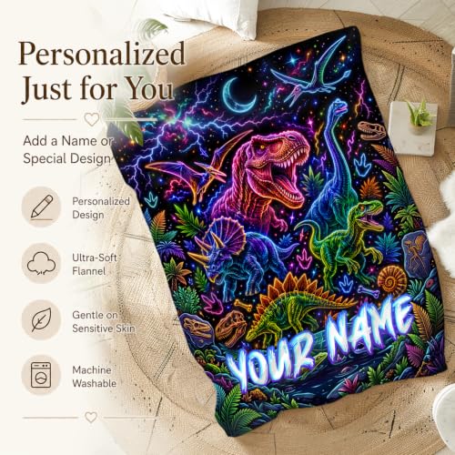 Personalized Dinosaur Blanket for Kids - Black Custom Boy Throw